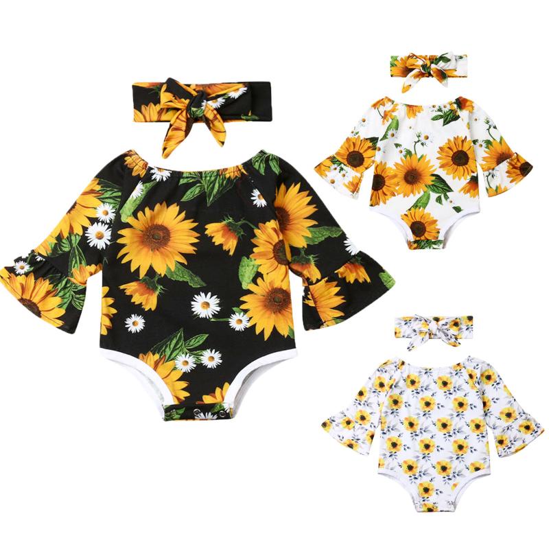 

2020 Baby Girl Sunflower Sets Newborn Cotton 2Pcs Long Flare Sleeve Romper Bodysuit+Bow Headband Baby Girl Clothes Outfits 0-24M, Black