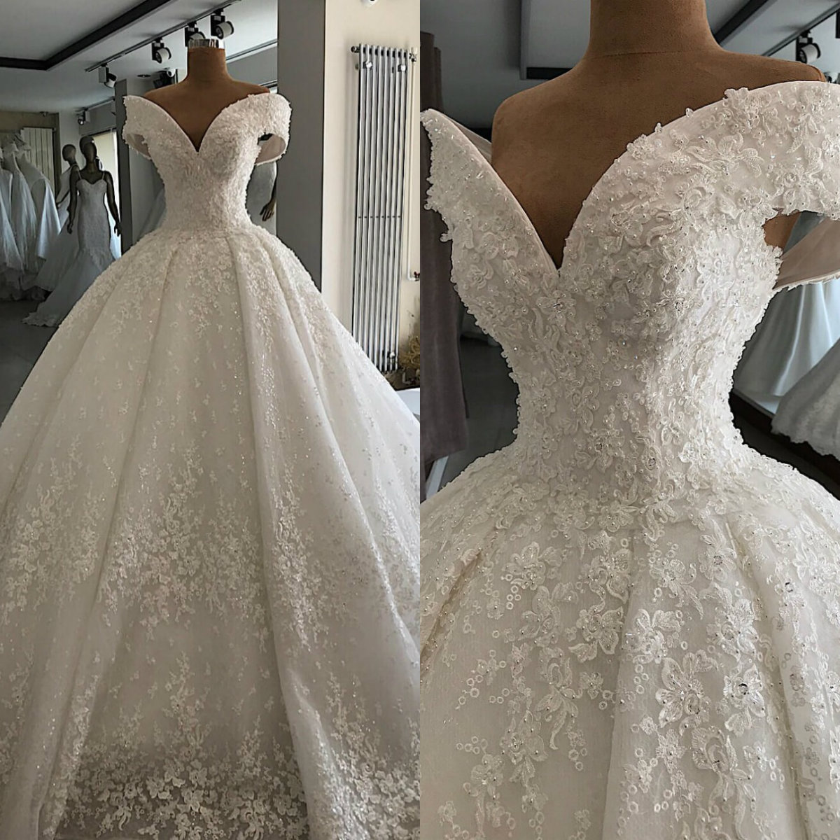 

Robe De Mariee Luxury Customized Appliques Beading Vintage Wedding Dresses 2020 Off Shoulder Lace Up Wedding Gowns Chapel Train Dress, Yellow