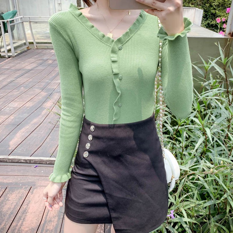 

Women Long Sleeve Sweaters Fashion Button Pullover Harajuku V Neck Casual Sweater