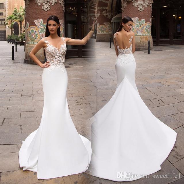 

Sheer Jewel Neck 2020 Romantic White Generous Lace Mermaid Wedding Dresses Long Sleeve Vestido De Novia Sexy Backless Bridal Gowns, Gold