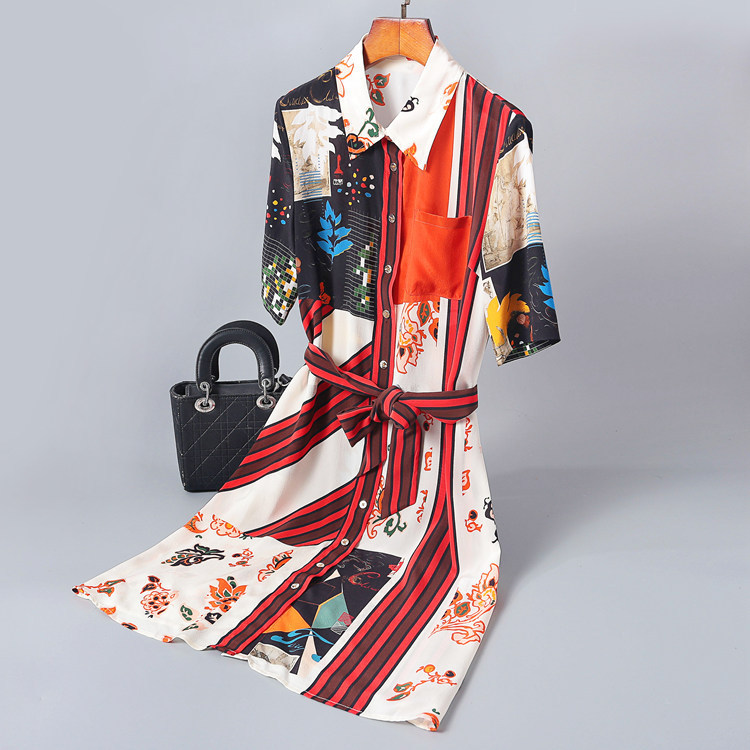 

New Temperament of printed lapel silk dress in the summer of fine ladies belt buckle A word fashion in dress, See chart