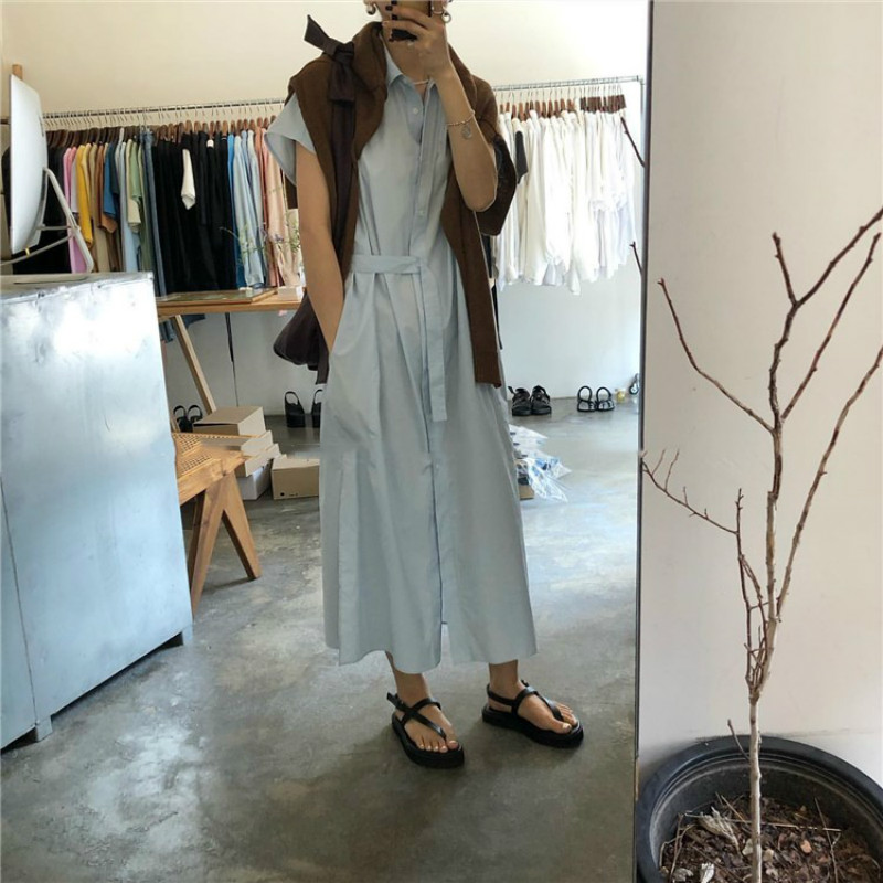 

Women Summer Sky Blue Long Shirt Dress Half Lacing Up Short Sleeve Split Brief Solid Color Casual Sundress