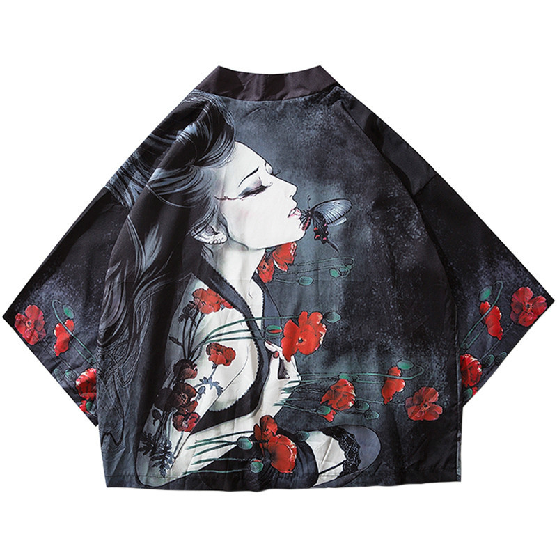 

Januarysnow Japanese Kimono Jacket Floral Sexy Girl Printed Hip Hop Men Jackets Streetwear Summer Thin Harajuku Clothing Japan Style, Black