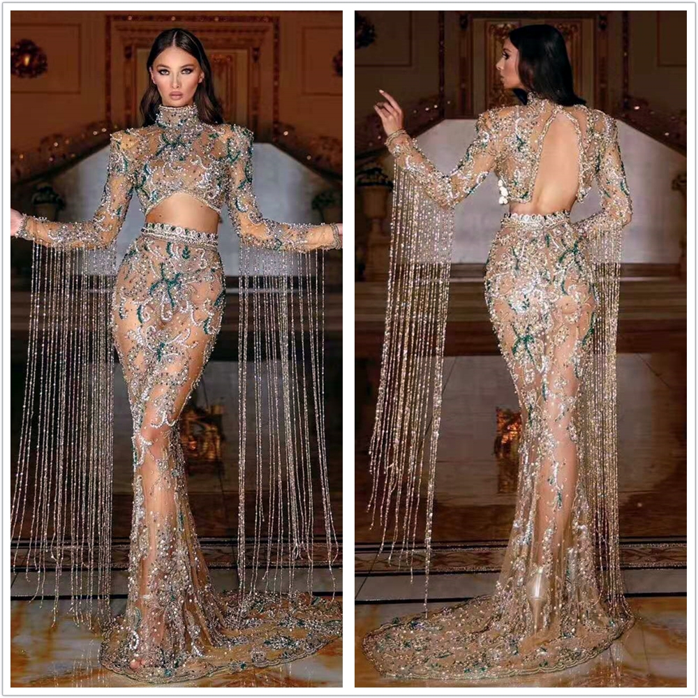 

Sexy backless Two Pieces Red Carpet Party Dresses Rhinestone bridal Gown Evening dress fancy prom Gowns top quality long sleeves Sweep train, Same as picture