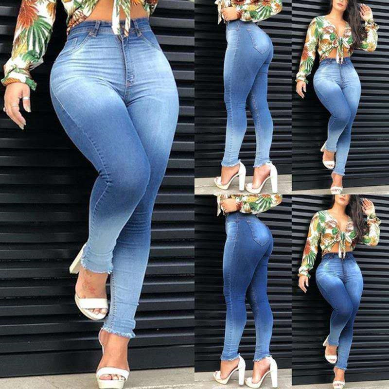 Gradient Blue Summer Womens Designer Jeans Slim Pleated High Waist Washed OL Style Ladies Pencil Pants Womens Denim Pants