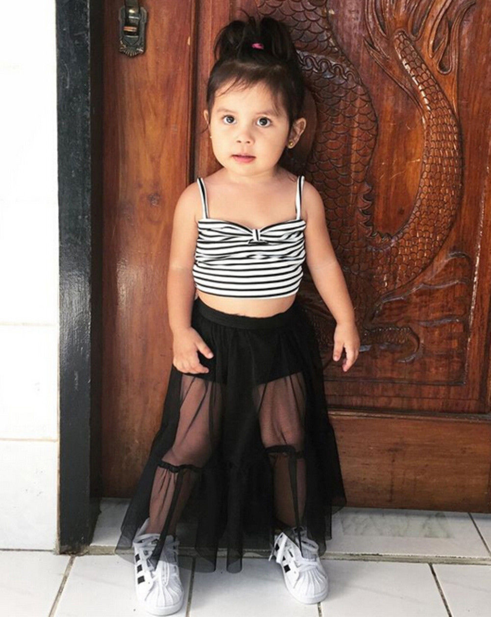 2019 New Kids Clothes Fashion Baby Girl Suspender White & Black Stripe Crop Tops Tulle Long Skirt 2pcs Outfits Children Clothing-image-463449615