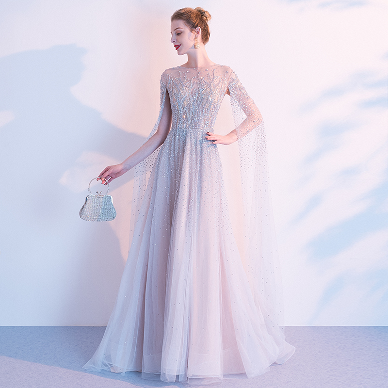 

Designer Crystals Celebrity Dress Long Sleeves Elegant Beaded Sheer See Through Back Sweep Train Red Carpet Formal Evening Gowns, As picture