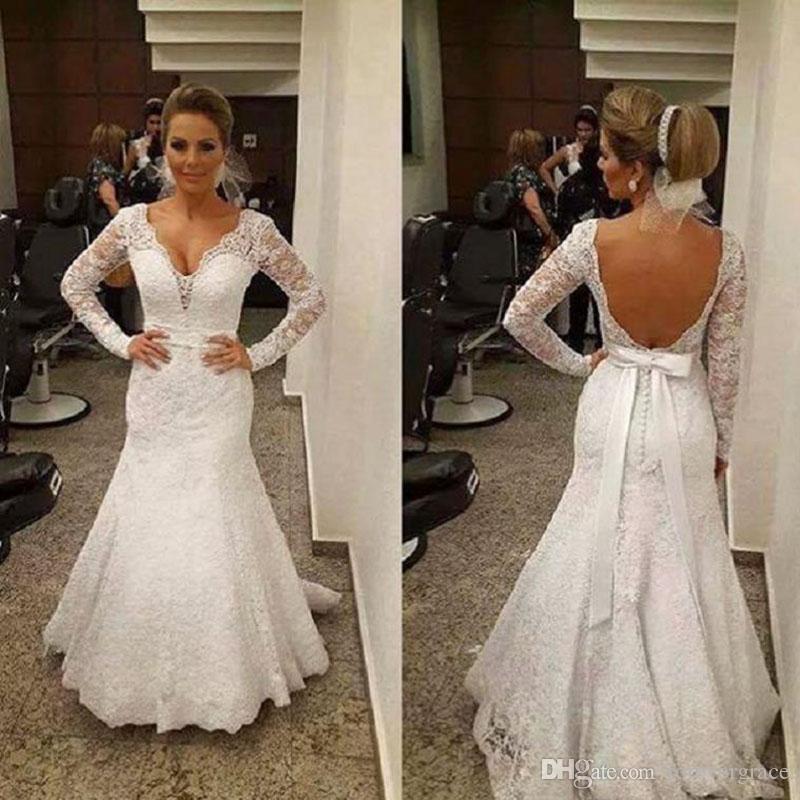 

2019 Full Lace Mermaid Wedding Dress Vintage Appliqued with Bow Sash Back Long Sleeves V Neck Bridal Gown Plus Size Custom Made, Black