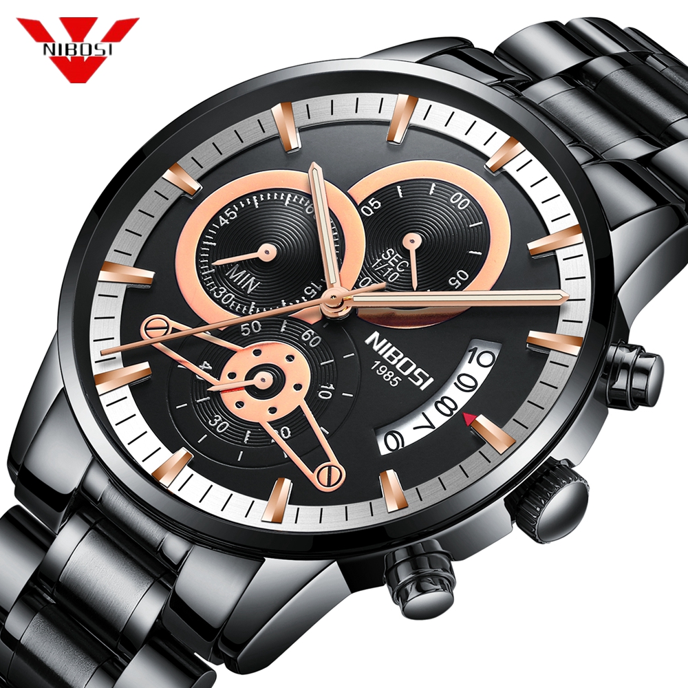 

NIBOSI Men Watches Top Brand Luxury Chronograph Men Sports Watches Waterproof Full Steel Quartz Men's Watch Relogio Masculino, Black