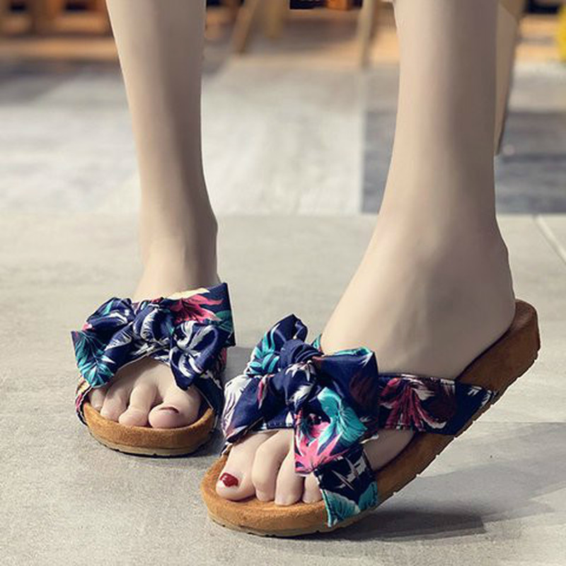 

women summer beach flats shoes woman fabric open toe slides slippers outdoor sweet bowties sandalias mujer sapato feminino D679, Blue