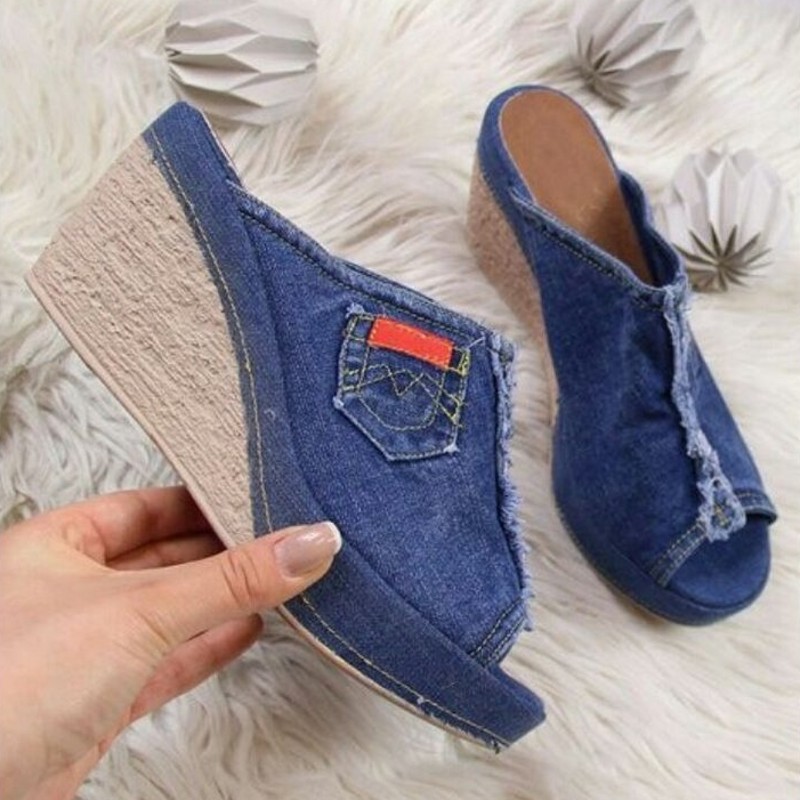 

New Arrival Jean Slippers Wedge Sandals Peep Toe Designer High Heels Summer Outdoor Pumps With Pockets, Blue