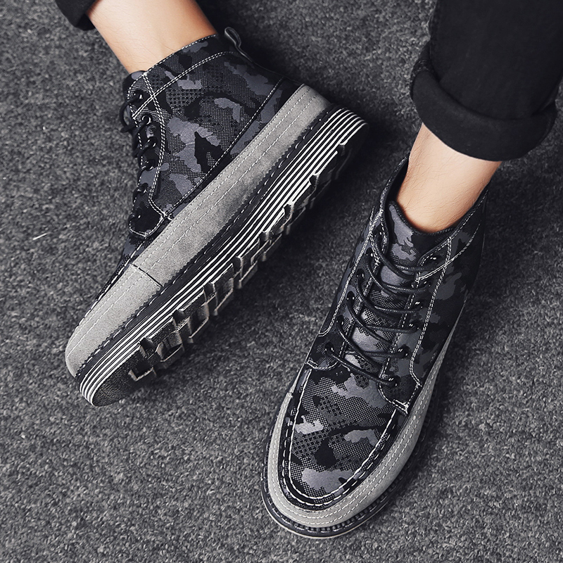 

Mens army boots Casual ankle boots High Top Leather Shoes Male Hip hop Camouflage military boots sneaker Shoes, Grey