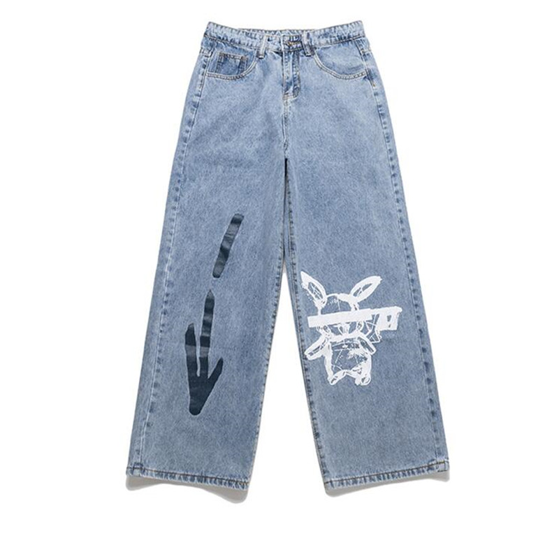 

NAGRI Jeans Men Cool Graffiti Print Denim Pants Solid Color Fashion Retro Baggy Hip Hop Style Jeans High Street Casual Pant, Blue