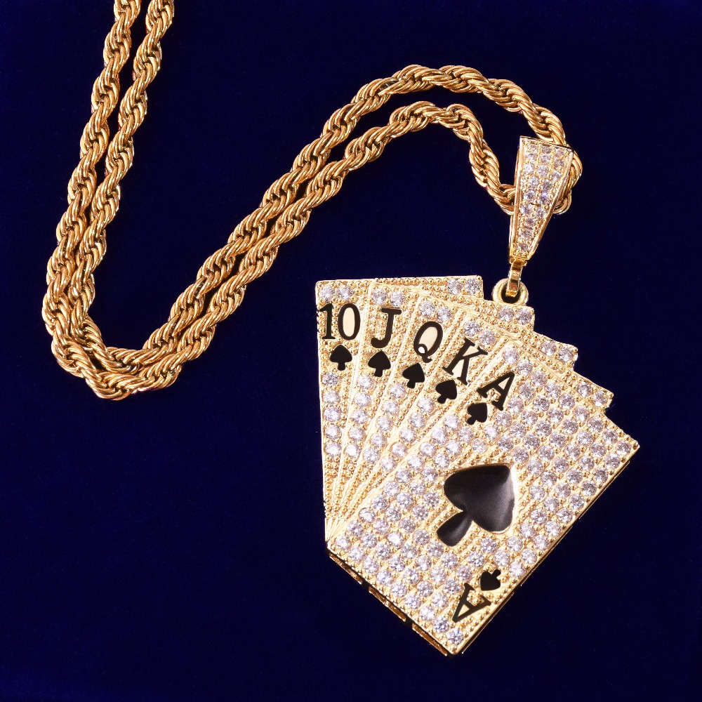 

Men's Poker Card Pendant Necklace Ice Out Cubic Zircon Gold Rock Street Hip Hop Jewelry With Chain