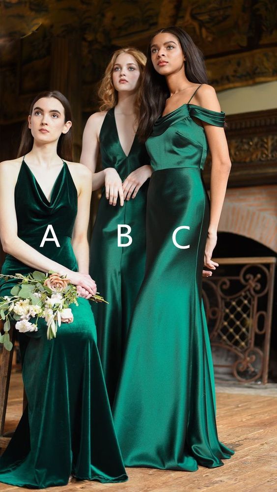 

2020 Modest Emerald Elastic Satin Bridesmaids Dresses Sheath Custom Made V-neck Halter Cold Shoulder Party Gowns Formal Dress Maid Of Honor