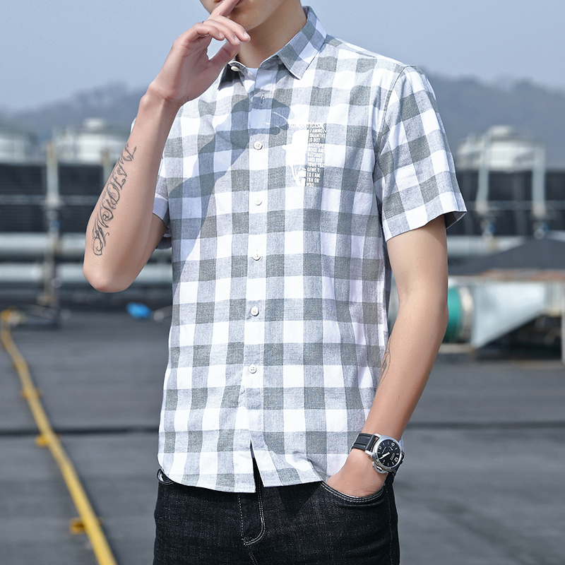 

Men Shirt Cotton Plaid Short Sleeve Silm Blouse Male Fashion Casual Slim Shirts Summer New Arrival Blue Green Grey, Green grid cs87
