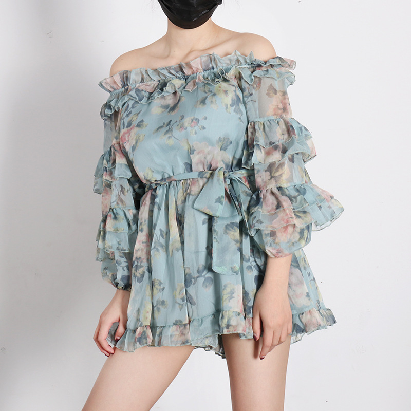 

brand niche design 2020 summer new style one line shoulder lotus leaf edge print short one-piece pants for women, Blue