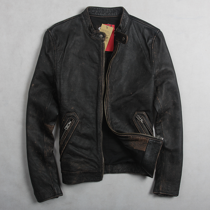 

Men New Fashion Vintage Genuine Black Cowskin Short Simple Motorcycle Jacket Men' Slim Fit Leather Coat, Vintage black