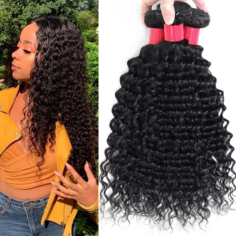 

Brazilian Human Hair Bundles Weft 100% Unprocessed Deep Curly Wave Virgin Human Hair Weave 3Bundles Malaysian Peruvian Indian Hair Extension, Straight