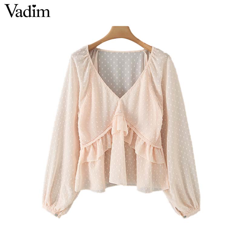 

Vadim women dots design ruffled blouse V neck long lantern sleeve shirt female casual elegant chic solid tops blusas LB378, As picture