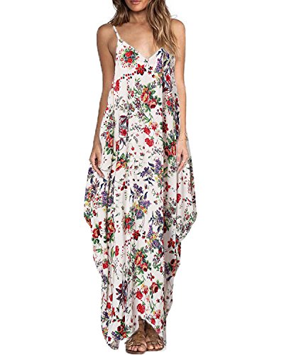 

ZANZEA Women's Boho Floral Print V Neck Spaghetti Strap Long Maxi Dress Sundress, Red flower