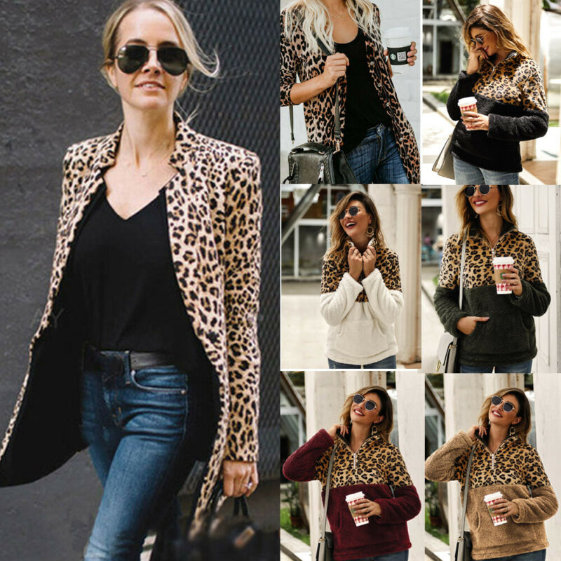 

2019 Women Casual Shirt Loose Open Stitch Long Sleeve Cardigan Leopard Print Plus Size Blouse Autumn Winter Ladies Holiday Shirt, Beige