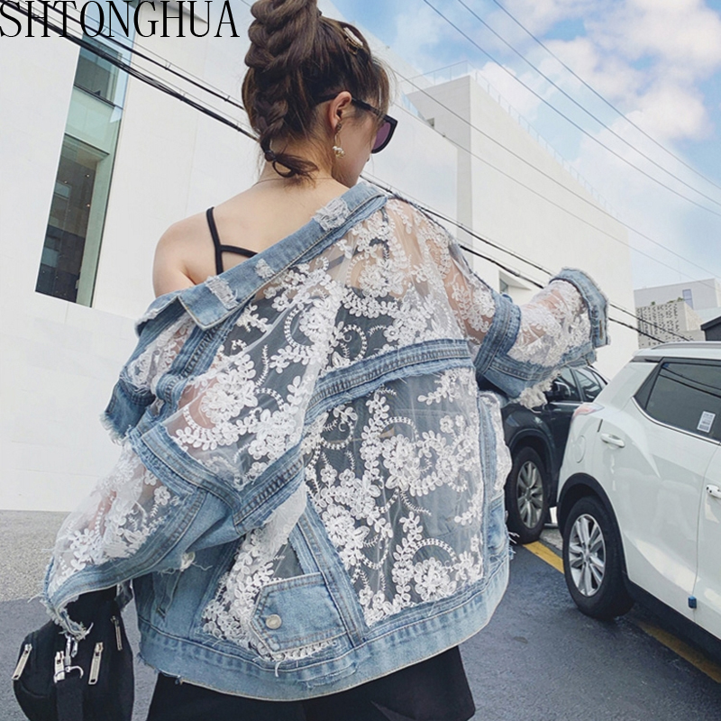 

2020 New Summer Long Sleeve Large Size Jeans Jackets Women' Coat Loose Lace Stitching Perspective top Jacket Ladies denim coat, Picture color