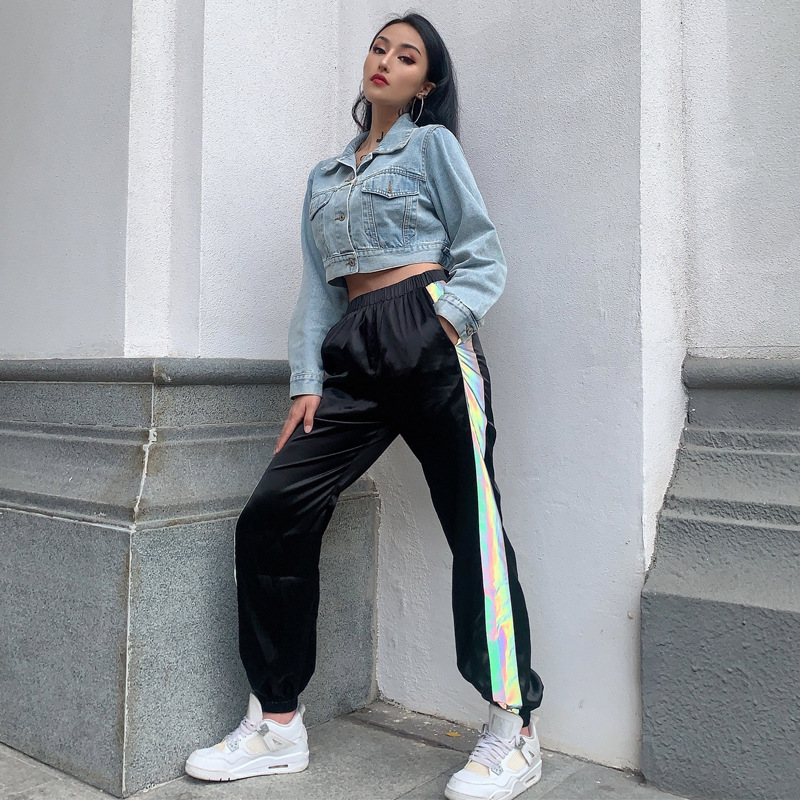 

Reflective Casual Women Sweatpants Harem Pants High Waist Striped Loose Streetwear 2020 Summer Clothes Party Jogger, Black