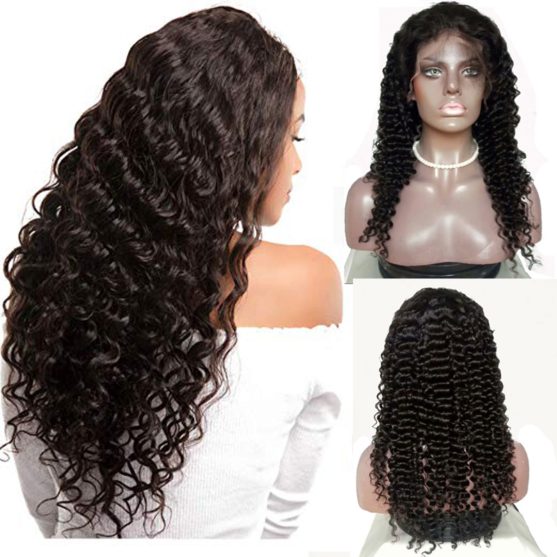 

Glueless Human Hair Lace Front Wigs Deep Curly Brazilian Virgin Hair Lace Front Wig for Black Women 150% density with baby hair, Natural color