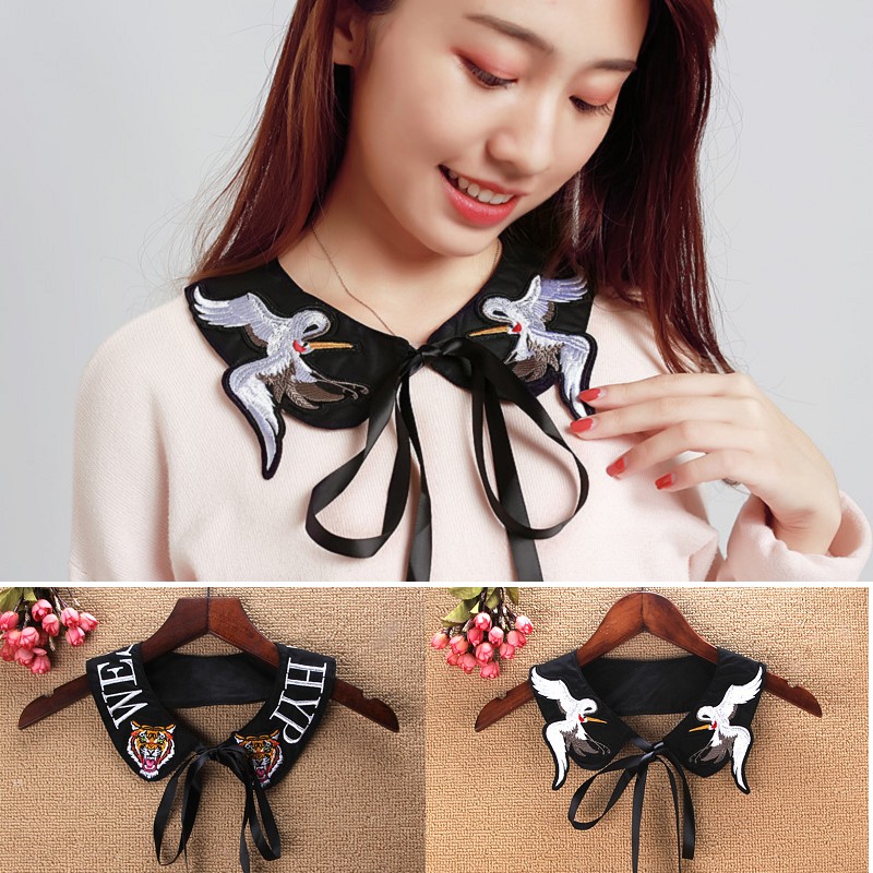 

Black summer detachable collars women neckwear versatile embroidery fake collar tiger letter bird decoration 2pcs/lot