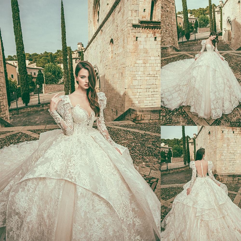 

Modest Bohemian Corona Borealis Ball Gown Wedding Dresses Long Sleeve Tulle Lace Applique Pearls Wedding Gowns Sweep Train robe de mariée, Nude