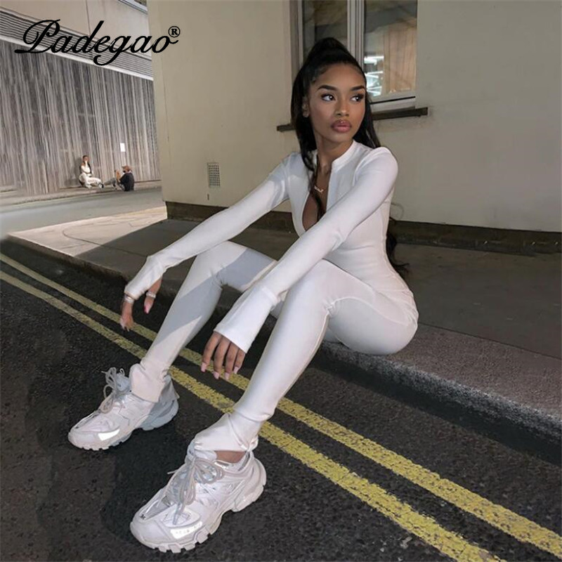 

Ribbed Black/white Sexy Bodycon Tracksuit Jumpsuit Women 2020 New Fitness Romper Long Sleeve Zipper Elastic Bodysuit Body Mujer