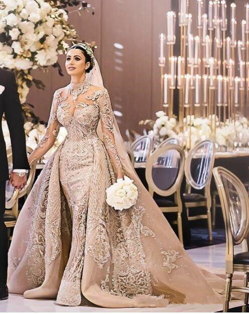 

2019 new vintage Luxurious Elegant Mermaid Wedding Dresses with Detachable Train 2019 Champagne Long Sleeve Lace Bridal Gowns robe de mariée, White