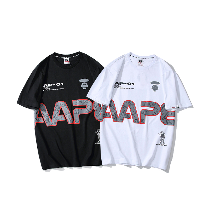 

19ss spring and summer tide brand AAPE ape-man smiley reflective alphabet cavalry men and women short-sleeved T-shirt mens designer tshirts, White;black