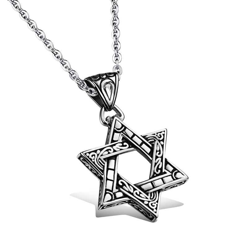 

2018 Titanium Steel Hexagonal Star Pendant Necklace HipHop Style Vintage Religious Jewish Six-Pointed Star Men David Star Pendant Jewelry, Silver