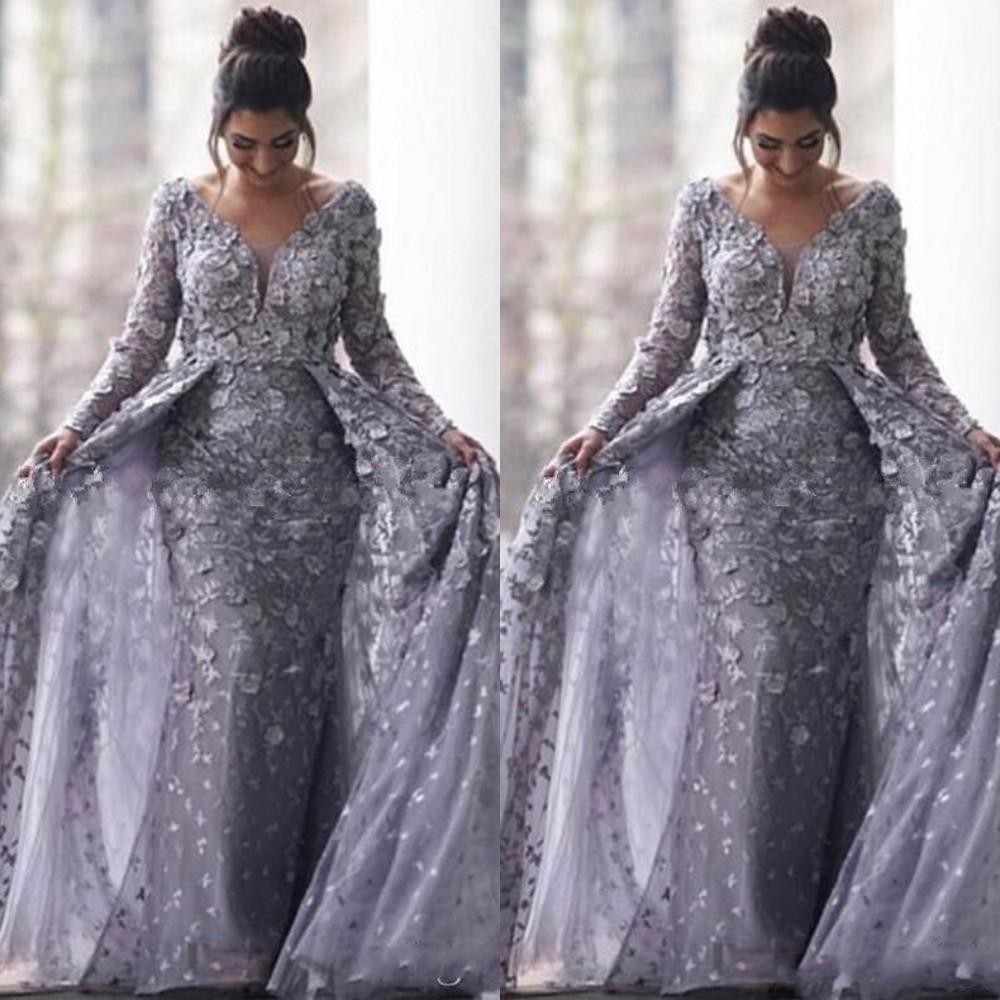 

New Arrival Modern Muslim Dubai Evening Dresses for Women Lace 3D Flowers Tulle Long Sleeves With Overskirts Formal Prom Dress Party Gowns, Same as picture