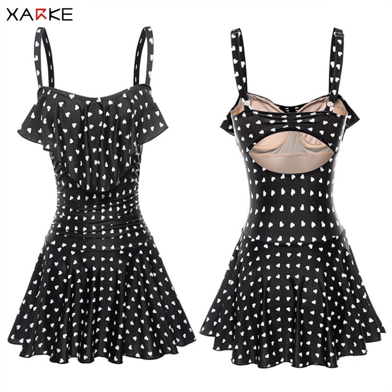 

Xarke Female One Piece Swimsuit Skirt 2018 Vintage Monokini Push Up Strap Dot Swimwear Women Lady Swimming Suit Y19062901, Black