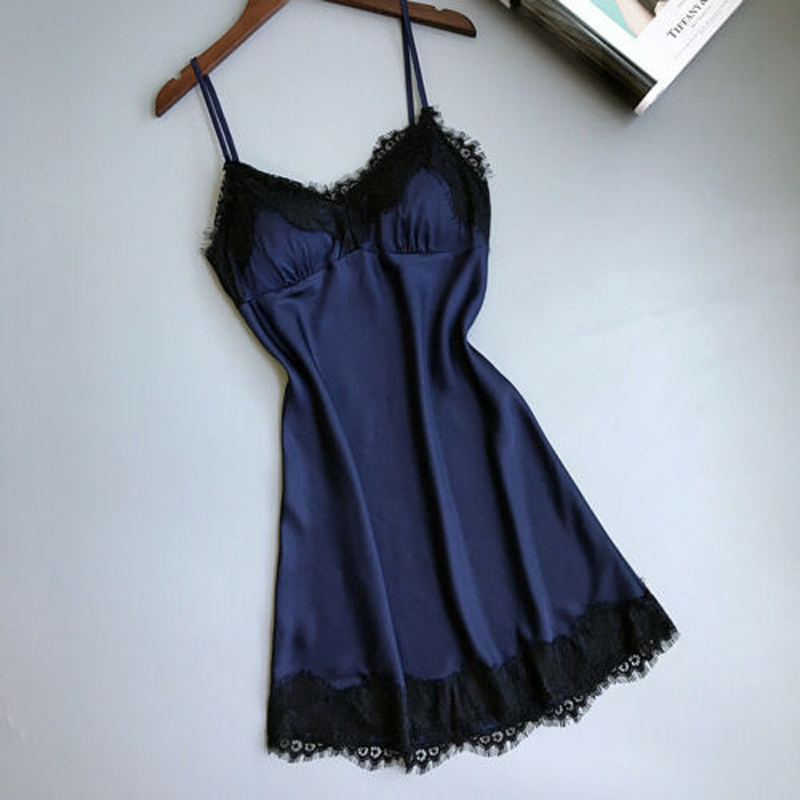 

Women Sexy Silk Satin Lace Sleeveless Sleepwear Lingerie Mini Nightdress Nighty Nuisette Femme De Nuit Night Gown Summer, Black