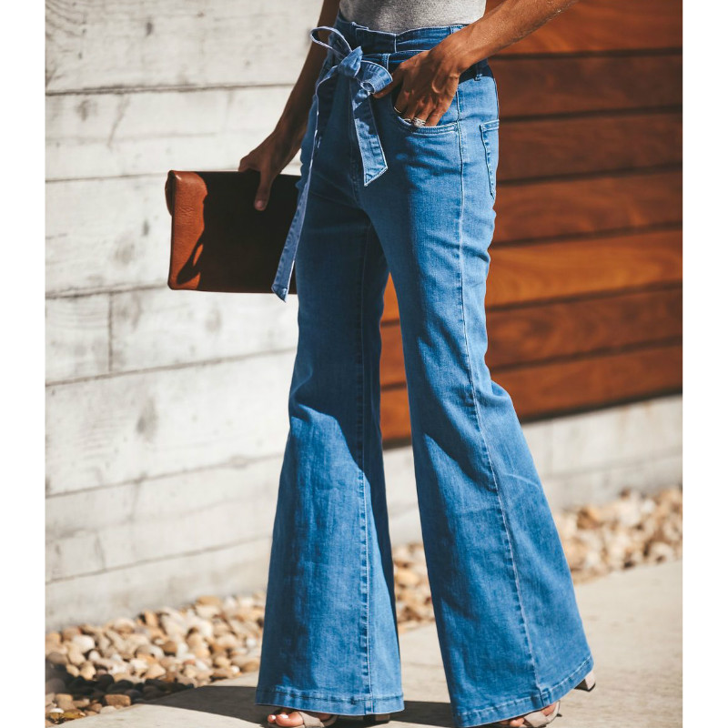 

women jeans denim trouse Fashion high waist high elastic slim with wide leg large flare jeans Full Length Vintage Sashes, Blue