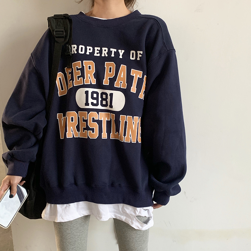 

Casual Loose Vintage Letter Sweatshirt Female Korean Kawaii Women's Sweatshirts Japanese Harajuku Ulzzang Clothing For Women, Blue