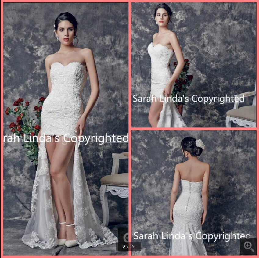 

2019 free shipping white lace sheath column appliques wedding dress strapless high low sweetheart neck elegant bride dress best selling, Ivory