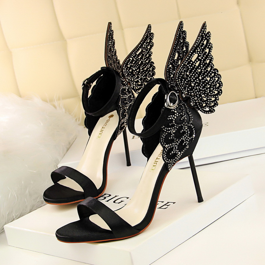 

Women Butterfly High Heel Sandals Party Shoes Lady Sexy Glitter Wings Pumps Ankle Strap Dress Shoes Open Toe High Heels Stiletto, Black