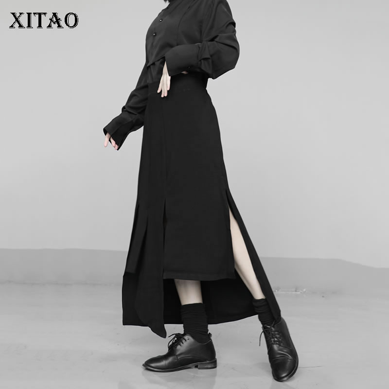 

XITAO Split Black Skirt Fashion Women 2020 Spring Elegant Elastic Waist Goddess Fan Style Loose Irregular Casual Skirt XJ3990, Black xj3990