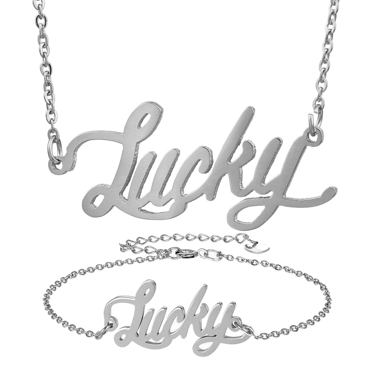 2021 Gold Plated Stainless Steel Name Necklace + Bracelet Set Lucky