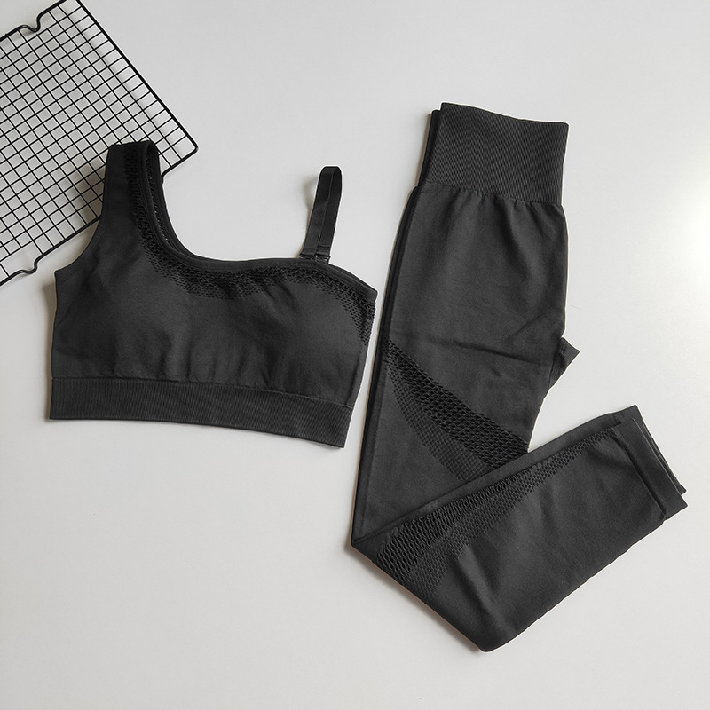 

two piece gym set one shoulder sports bra with removable strap seamless gym leggings yoga set women clothes fitness wear, Black