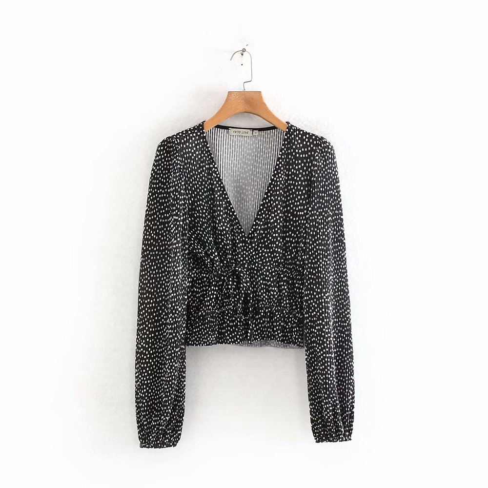 

2020 NEW Women V Neck Polka Dots Print casual slim pleated smock Shirts Blouses Women bow roupas femininas blusas tops LS6091, As pic ls6091dwdd