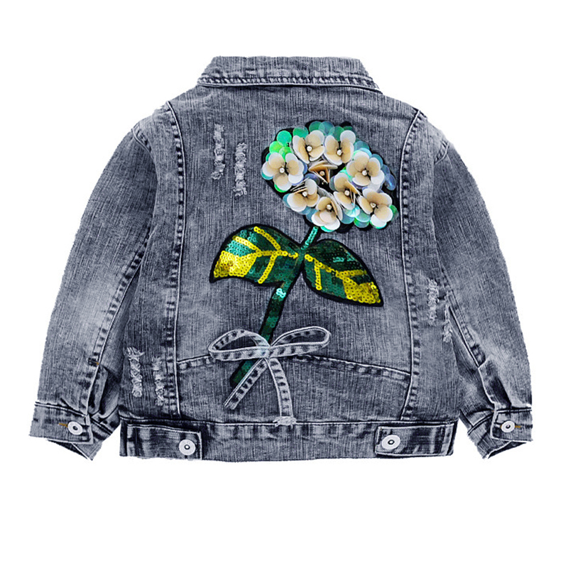 

Girls' outerwear 2020 spring new three-dimensional flower denim outerwear elastic girl sparkle jacket denim cardigan coat, As picture