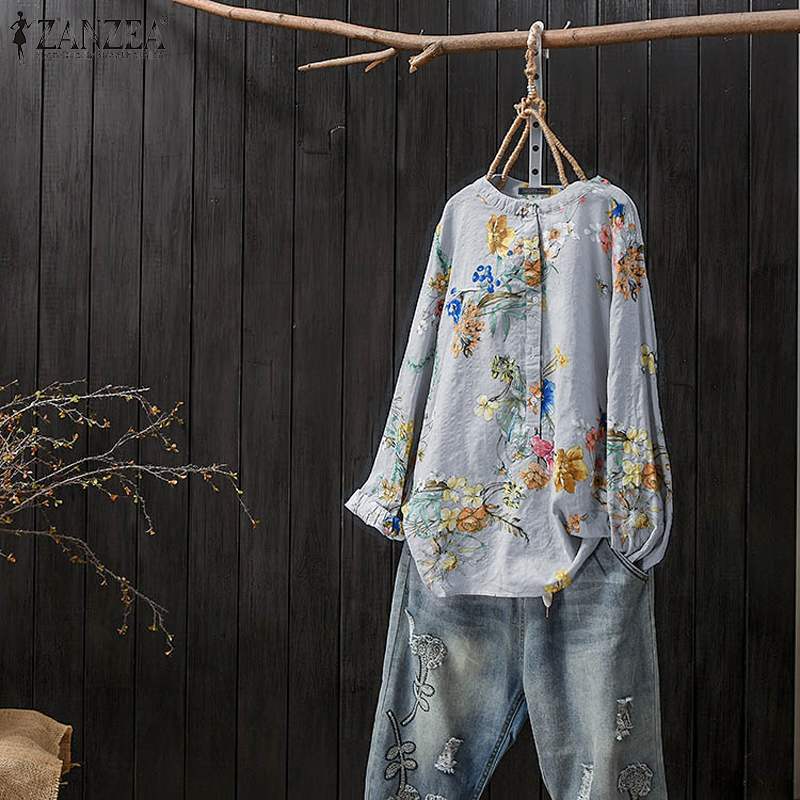 

Women Tunic Tops Vintage Floral Printed Blouse ZANZEA Autumn Long Sleeve Shirt Femme Robe Work Blusas Casual Loose Chemise Tee, Blue