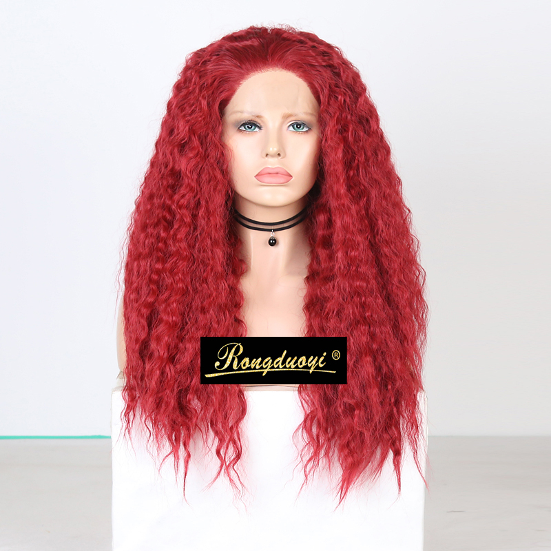 

RONGDUOYI Red Color Heat Resistant Hair Synthetic Lace Front Wig Long Kinky Curly Lace Wigs for Women Free Part Cosplay Wigs, As pic