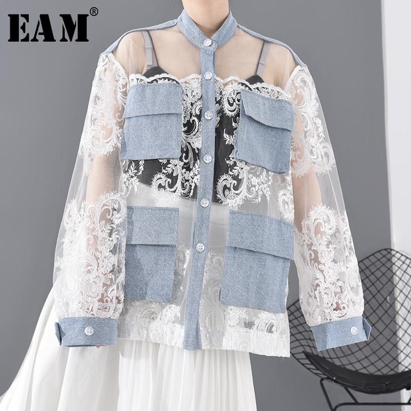 

EAM] Loose Fit White Lace Perspective Big Size Jacket New Stand Collar Long Sleeve Women Coat Fashion Tide Spring 2020 JU30105, Blue